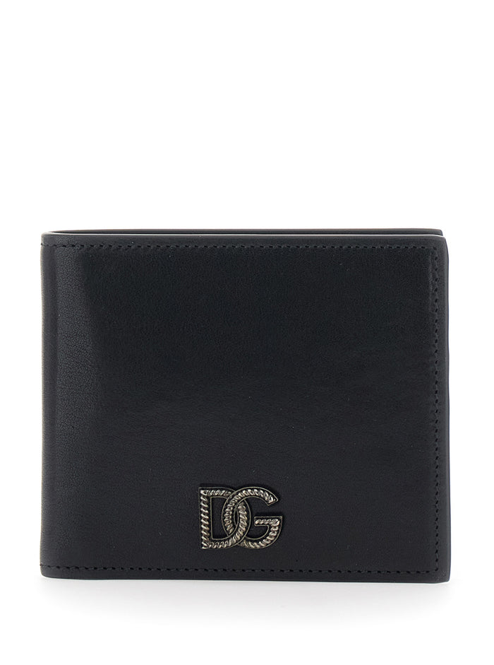 Black Bi-Fold Wallet with Logo Plate In Leather for Men Calf Products