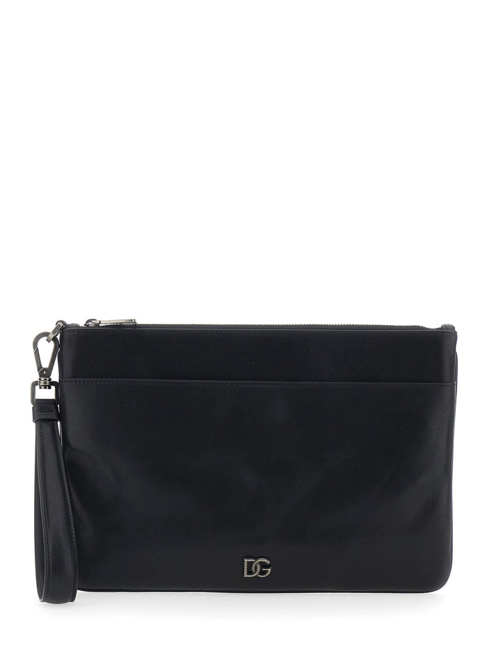 Black Clutch with Wrist Strap and Logo Plate in Leather for Men Cotton Viscose Clutches Pochettes