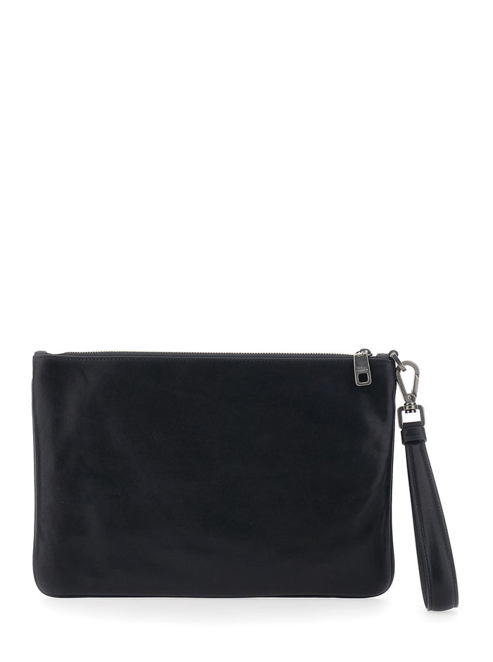 Black Clutch with Wrist Strap and Logo Plate in Leather for Men Cotton Viscose Clutches Pochettes