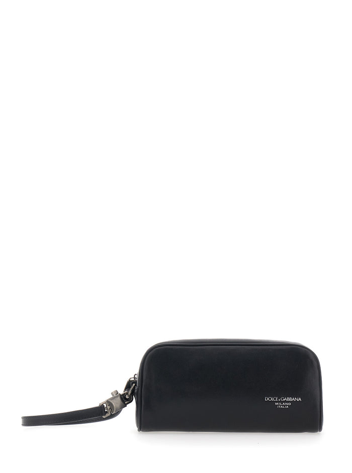 Black Clutch with Wrist Strap and Lettering Logo on the Front in Leather for Men Cotton Clutches Pochettes