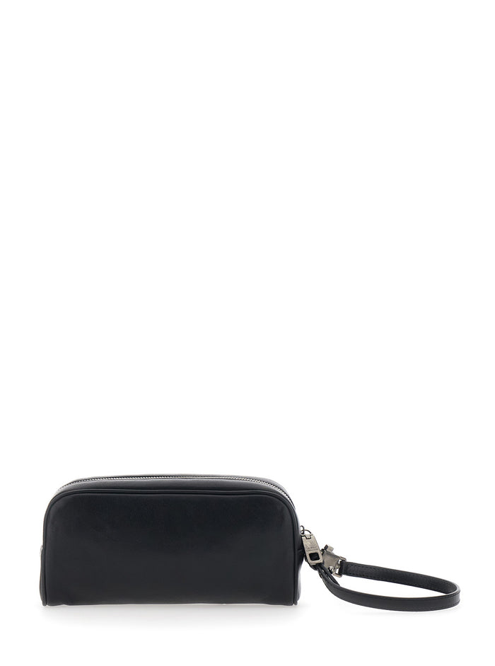 Black Clutch with Wrist Strap and Lettering Logo on the Front in Leather for Men Cotton Clutches Pochettes