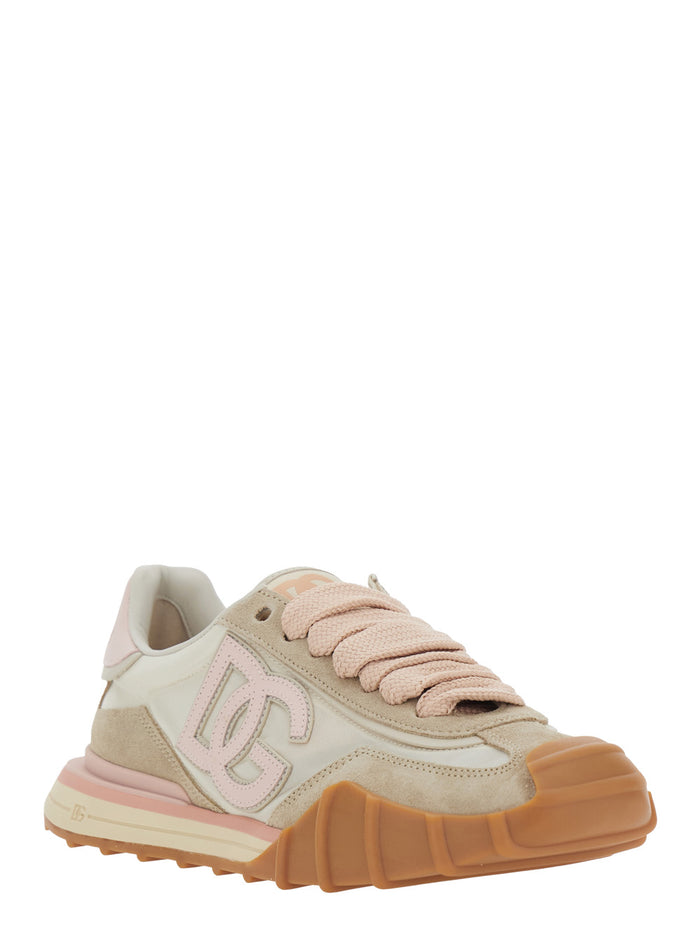 Pink Low Top Sneaker with Maxi Logo on the Side and Lettering Tongue in Suede Tech Fabric for Women Polyamide Calf