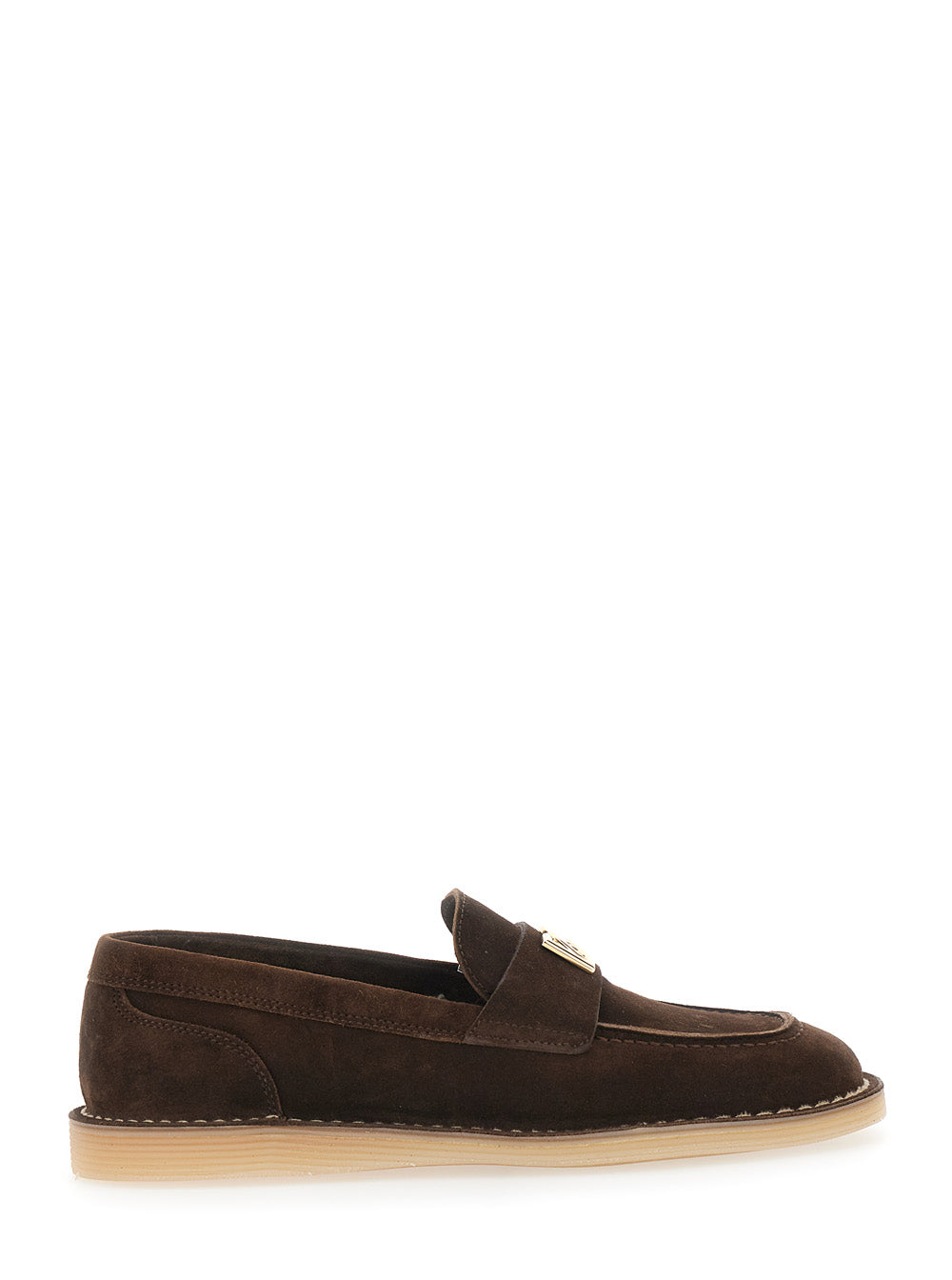 Brown Loafers With Logo Plate On The Front And Contrasting Stitching Suede For Women