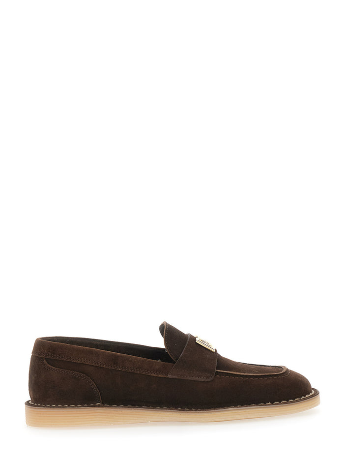 Brown Loafers With Logo Plate On The Front And Contrasting Stitching Suede For Women