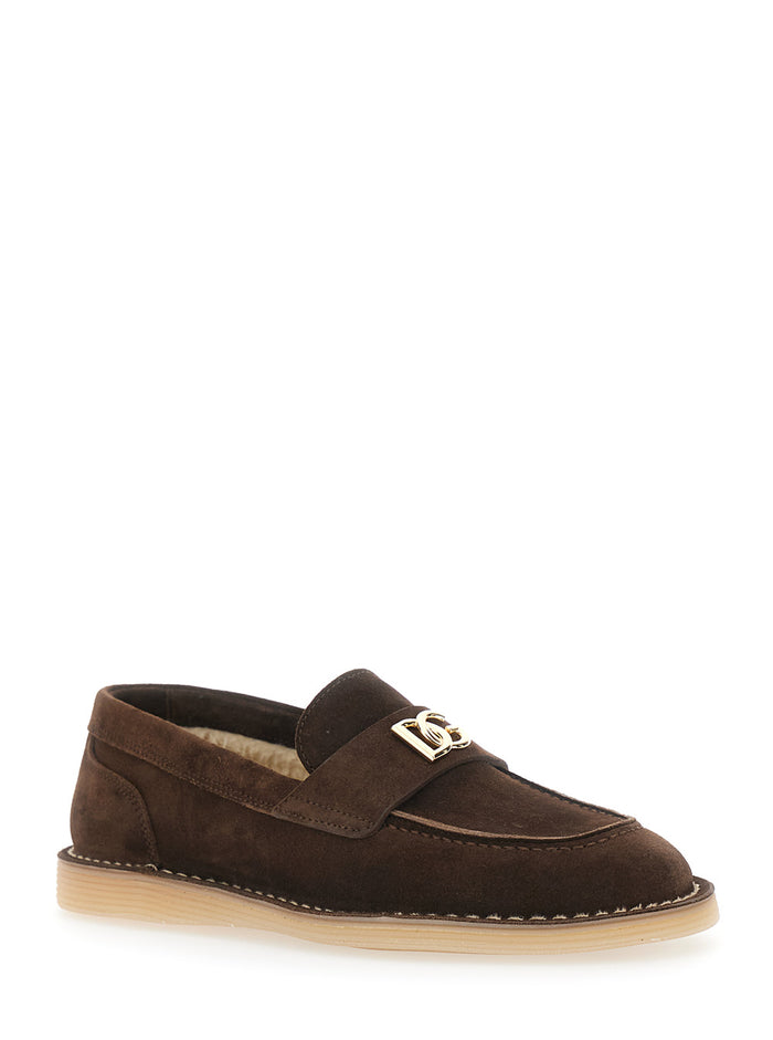 Brown Loafers With Logo Plate On The Front And Contrasting Stitching Suede For Women
