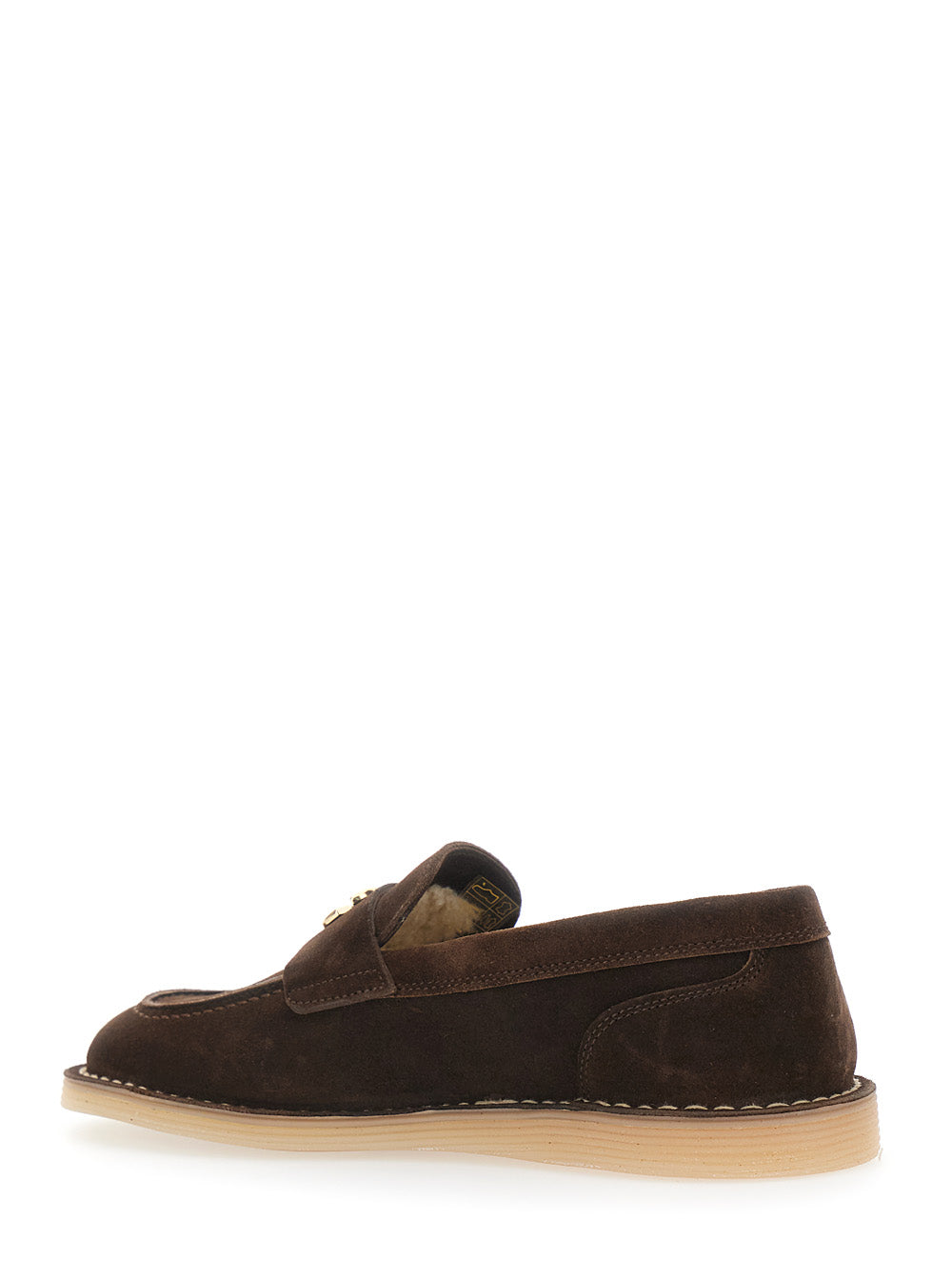 Brown Loafers With Logo Plate On The Front And Contrasting Stitching Suede For Women