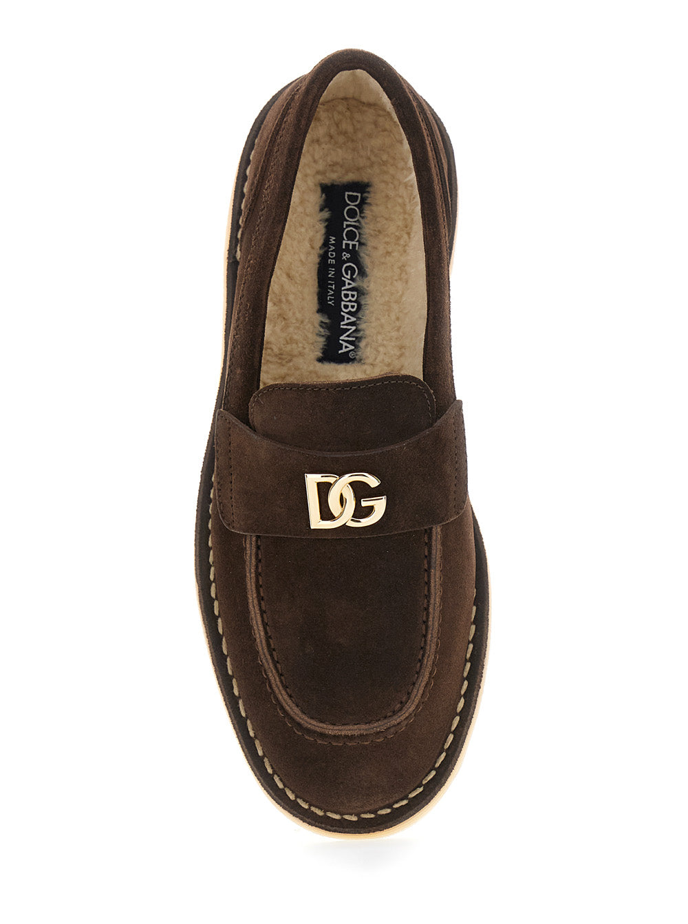 Brown Loafers With Logo Plate On The Front And Contrasting Stitching Suede For Women