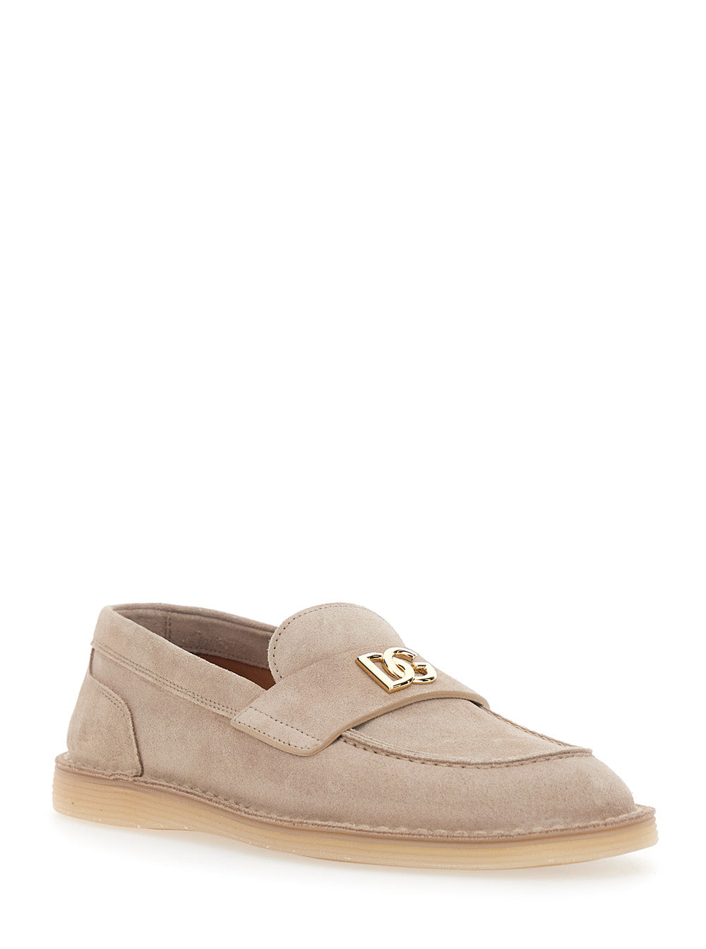 Beige Loafers with Logo Plate on the Front in Suede for Women Calf