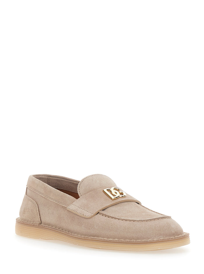 Beige Loafers with Logo Plate on the Front in Suede for Women Calf