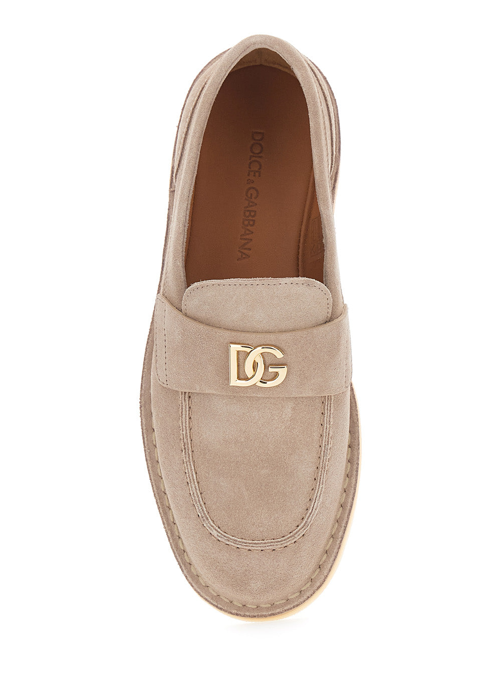 Beige Loafers with Logo Plate on the Front in Suede for Women Calf