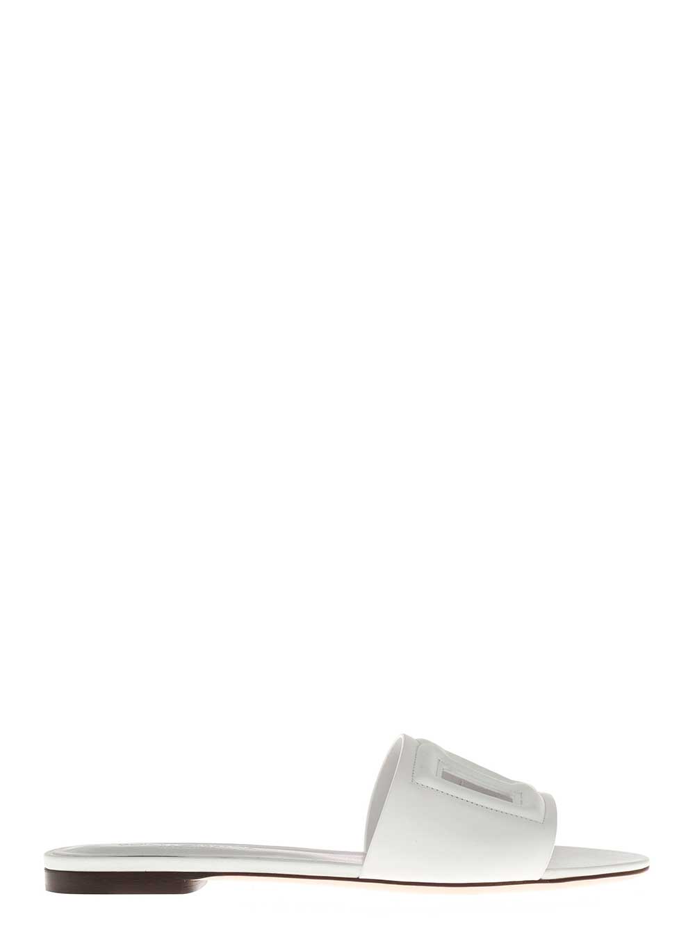 White DG Leather Sandals with Logo for Women Lamb Calf Flat Shoes