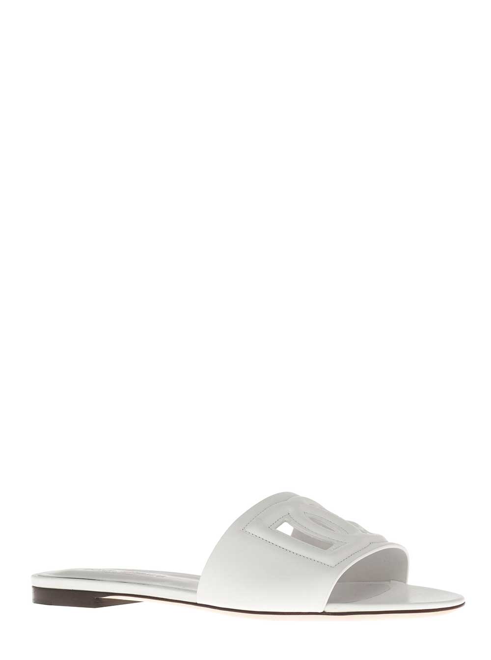 White DG Leather Sandals with Logo for Women Lamb Calf Flat Shoes