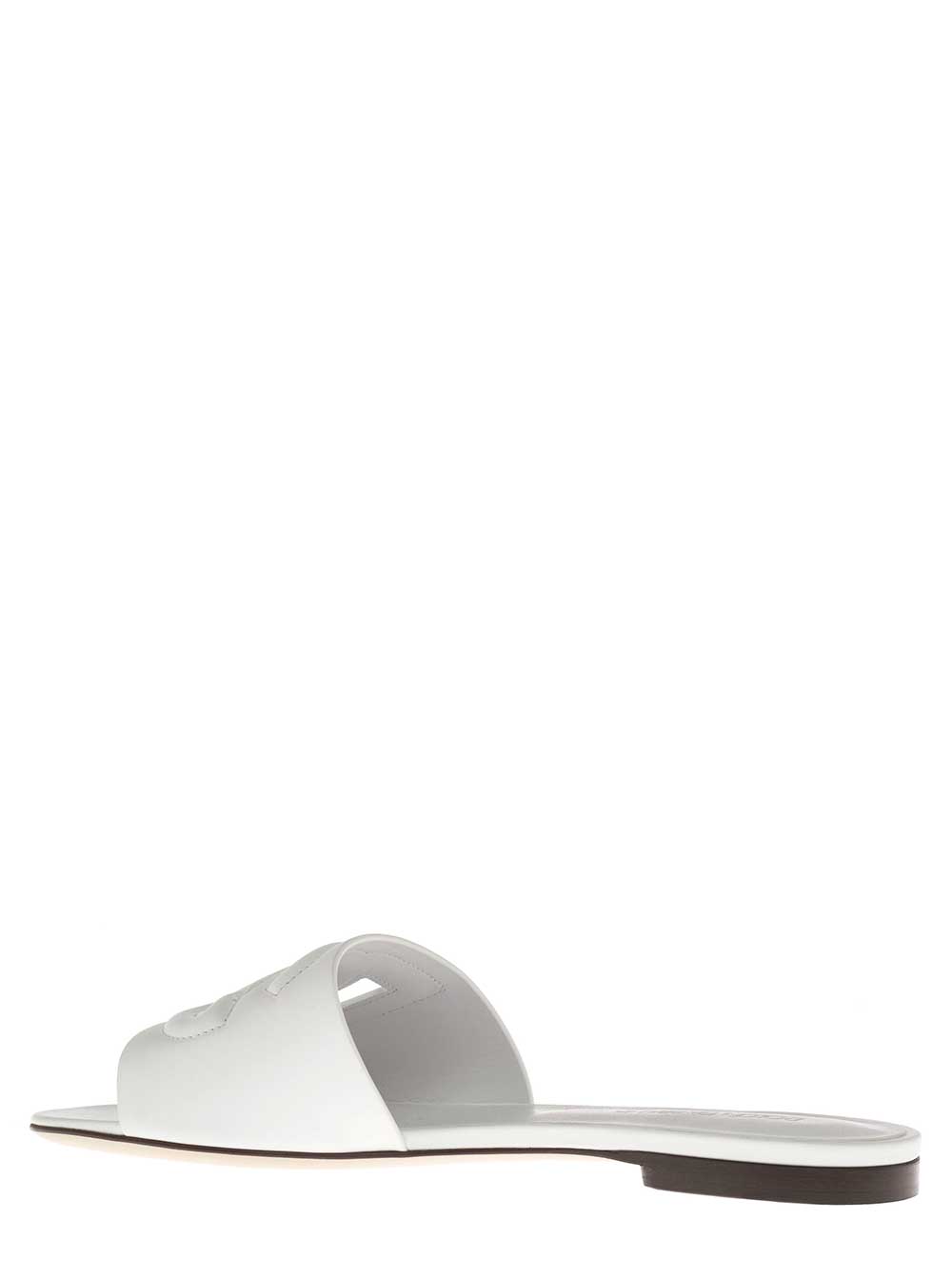 White DG Leather Sandals with Logo for Women Lamb Calf Flat Shoes