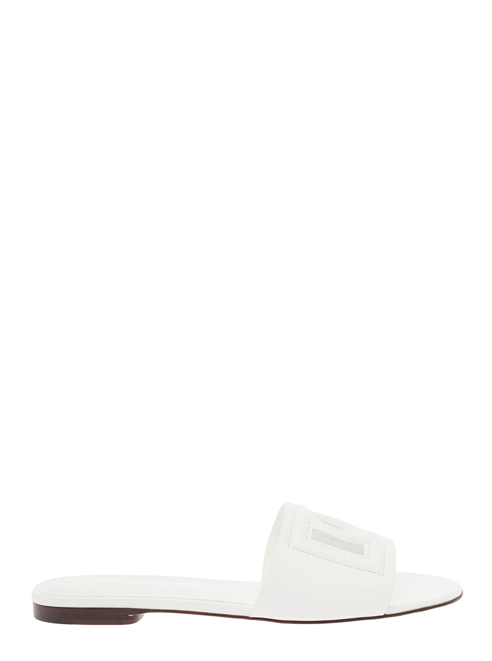 White DG Leather Sandals with Logo for Women Lamb Calf Flat Shoes