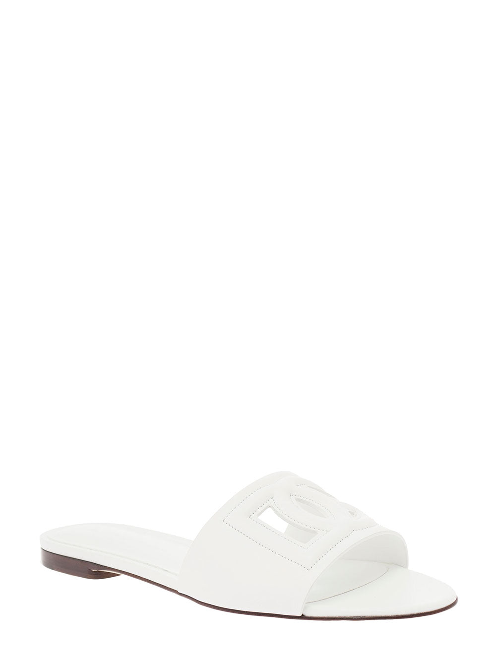 White DG Leather Sandals with Logo for Women Lamb Calf Flat Shoes