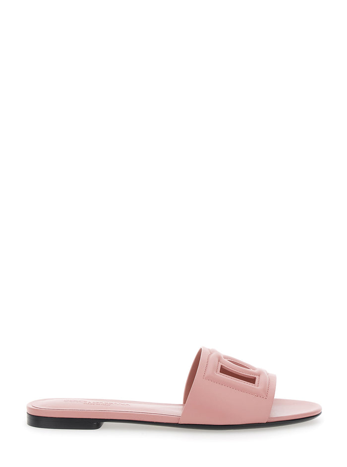 Pink Sandals with Logo cut-Out in Leather for Women Lamb Calf Flat Shoes