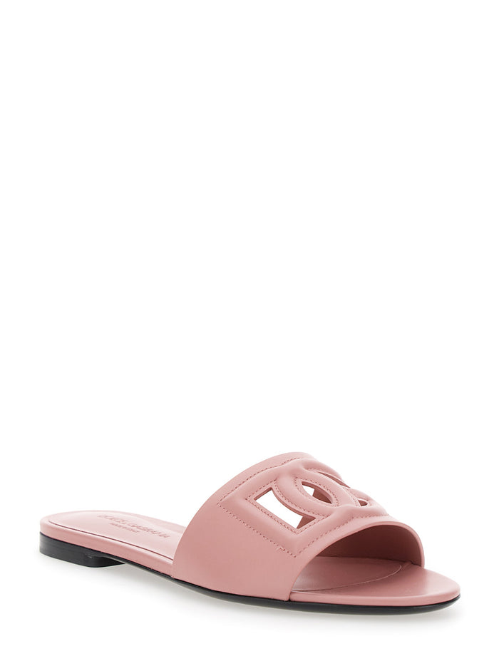 Pink Sandals with Logo cut-Out in Leather for Women Lamb Calf Flat Shoes