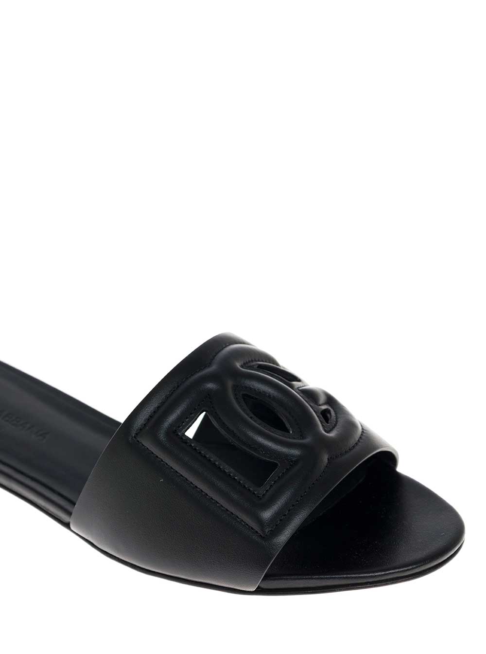 Black Sandals with Cut-Out Logo on the Front in Leather for Women Lamb Calf Flat Shoes