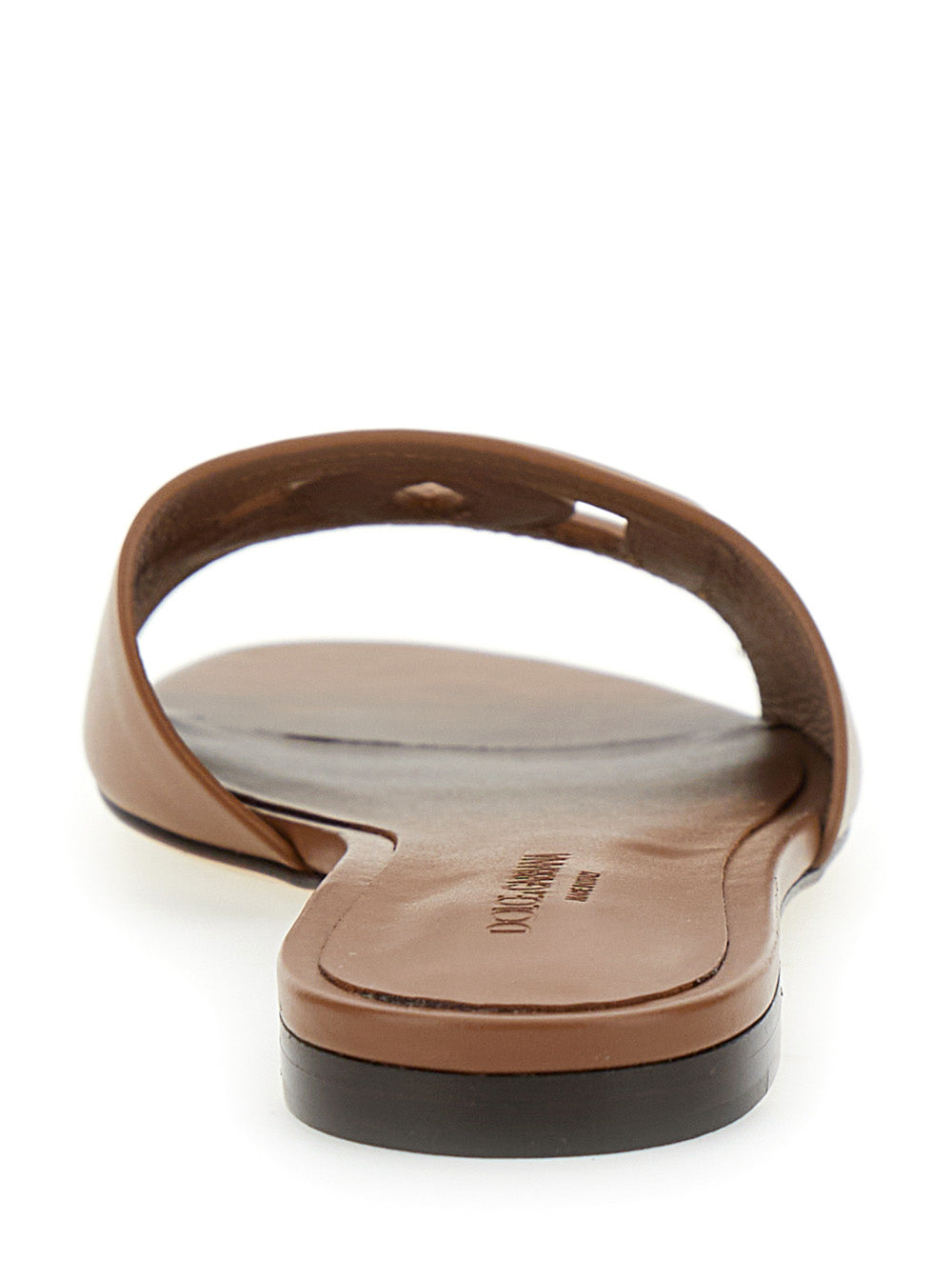 Brown Leather Womens Slide Sandal CQ0436 with Cut Out Logo Lamb Calf Flat Shoes