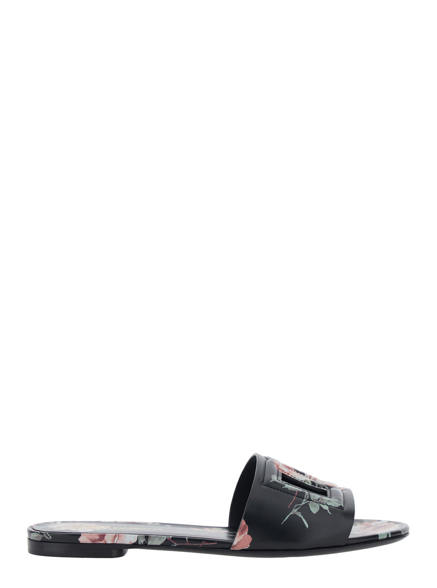 Slide Sandals Black Leather Lamb