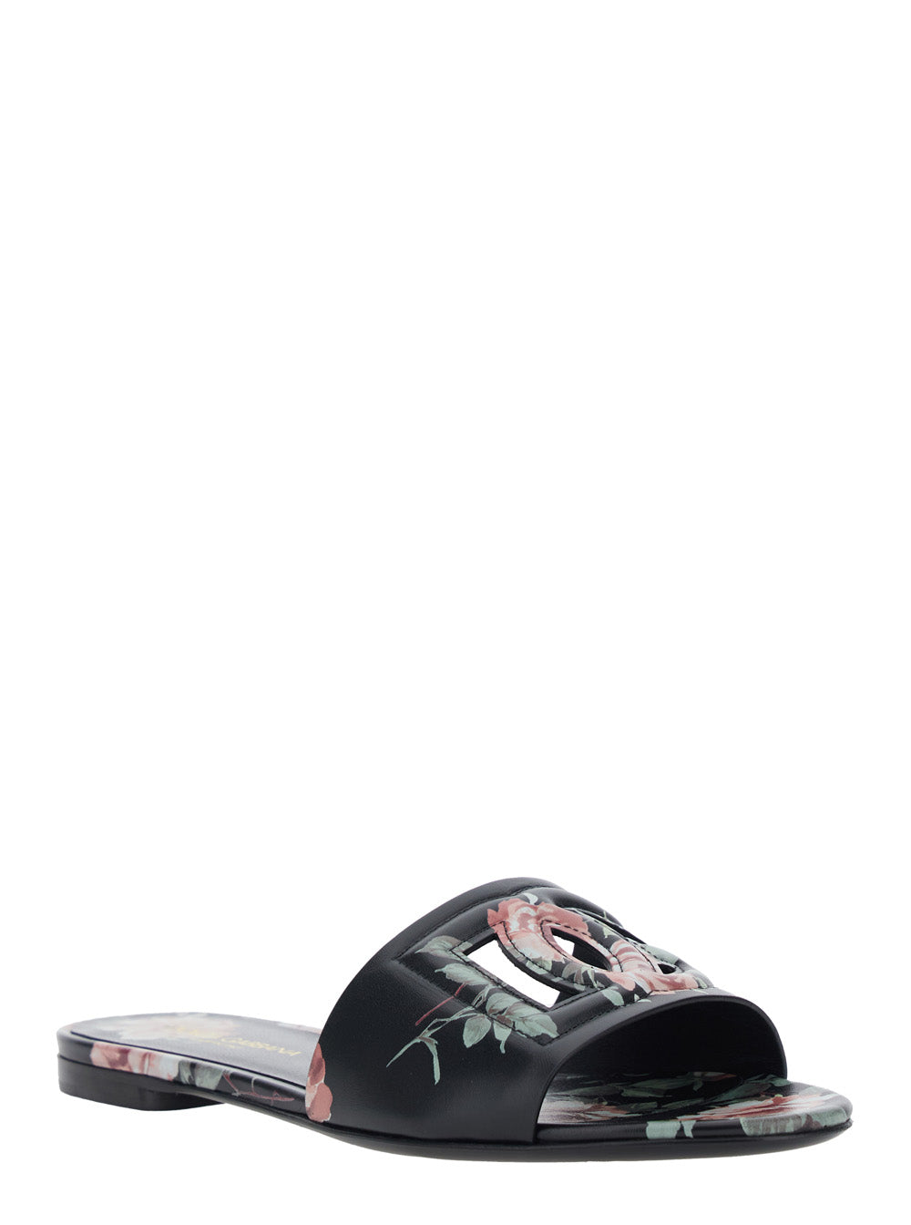 Black Leather Slide Sandals with Cut Out DG Logo and Floral Motif for Women Lamb Sheep Calf Flat Shoes