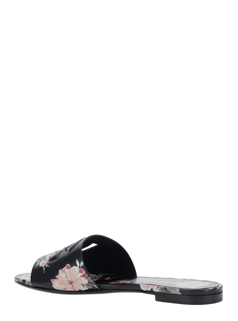 Black Leather Slide Sandals with Cut Out DG Logo and Floral Motif for Women Lamb Sheep Calf Flat Shoes