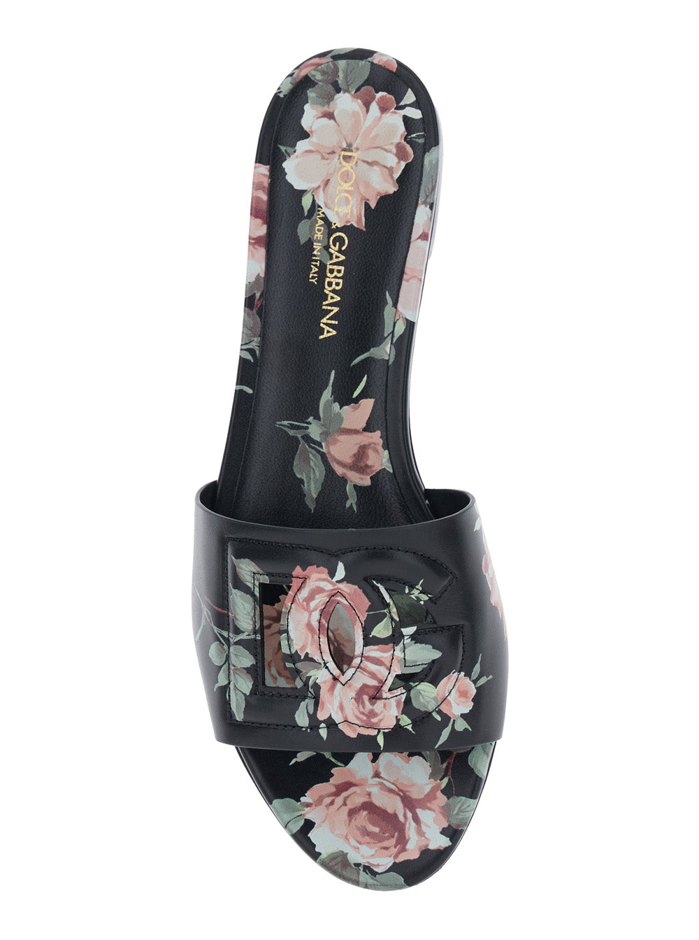 Black Leather Slide Sandals with Cut Out DG Logo and Floral Motif for Women Lamb Sheep Calf Flat Shoes
