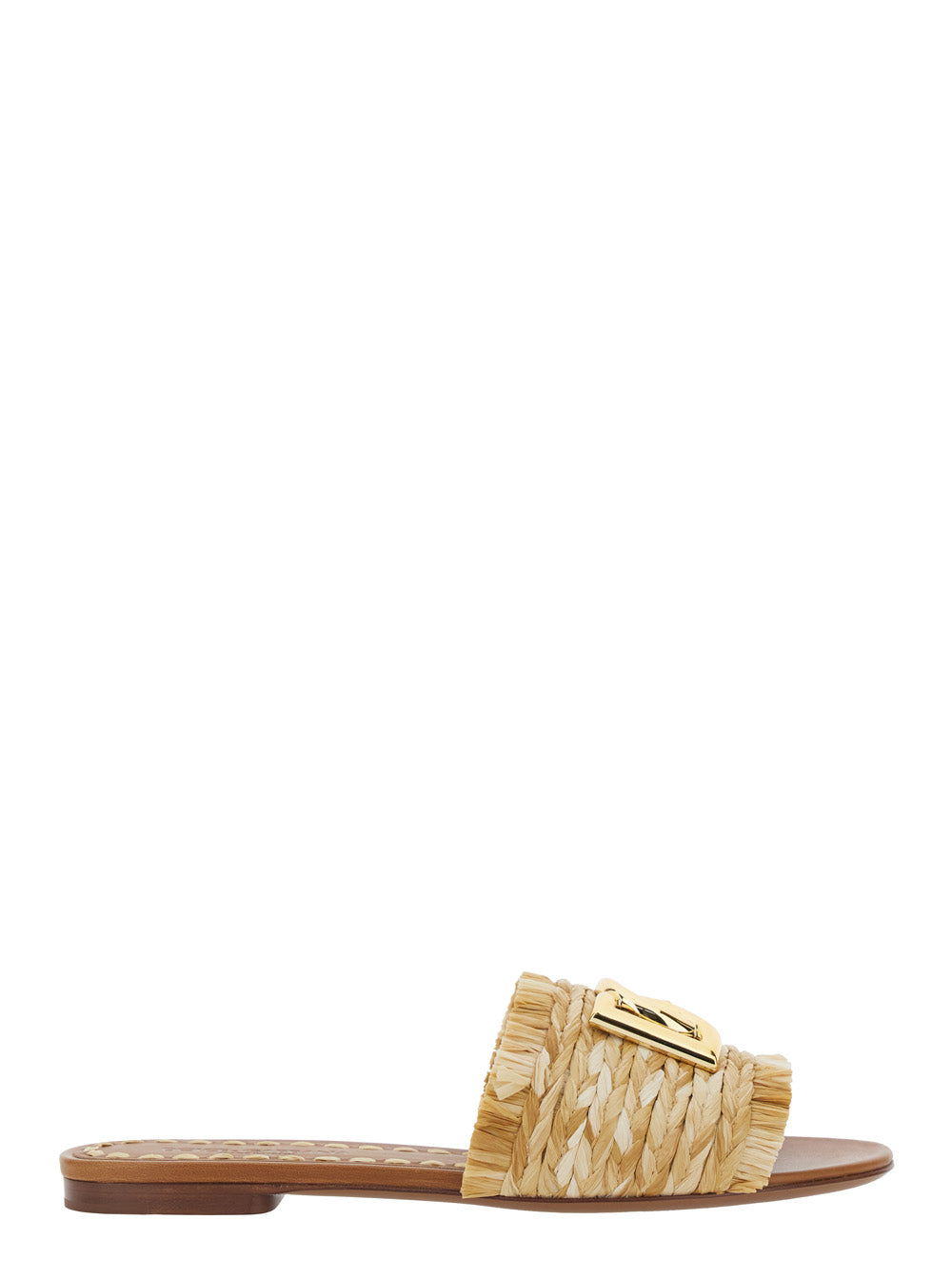 Beige Sandals with Front Logo Plate and Fringed Details in Raffia for Women Viscose Flat Shoes