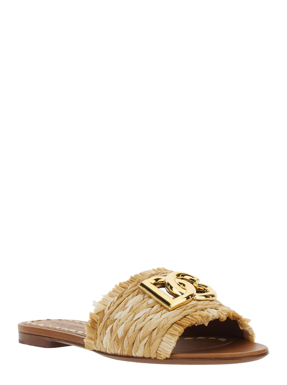Beige Sandals with Front Logo Plate and Fringed Details in Raffia for Women Viscose Flat Shoes