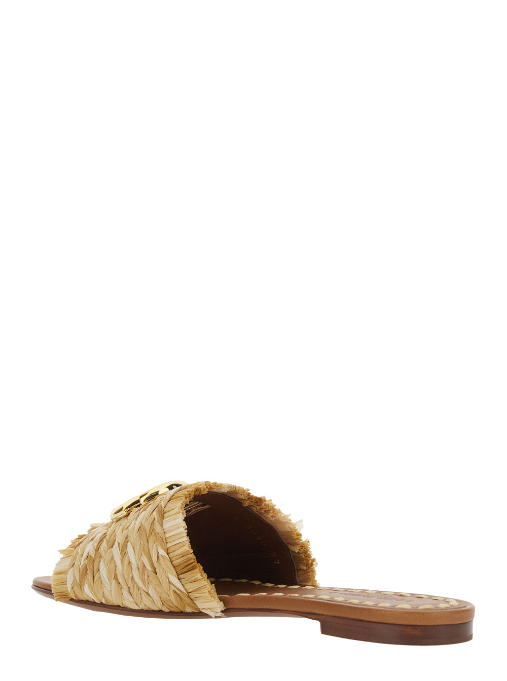 Beige Sandals with Front Logo Plate and Fringed Details in Raffia for Women Viscose Flat Shoes