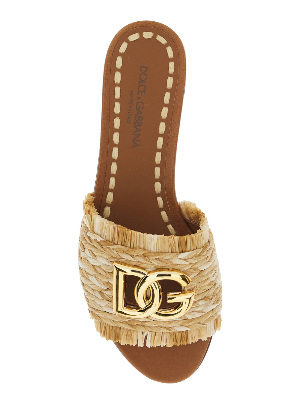Beige Sandals with Front Logo Plate and Fringed Details in Raffia for Women Viscose Flat Shoes