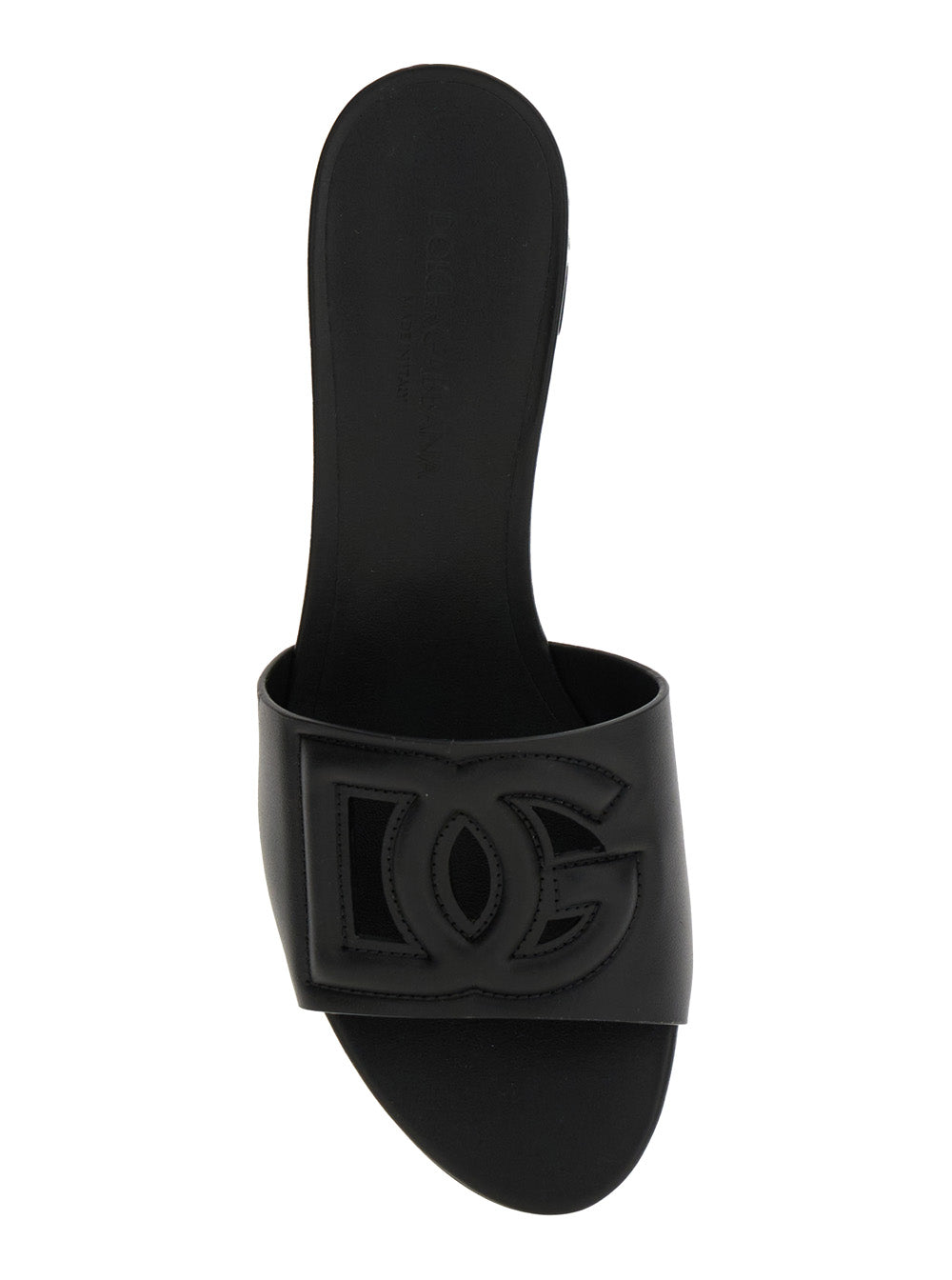 Black Low Heel Slides with DG Logo in Smooth Leather for Women Lamb Calf Heels