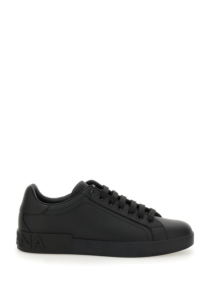 Portofino Black Low Top Sneakers with Logo Lettering Detail in Smooth Leather Man Polyester Lamb Sheep Rubber