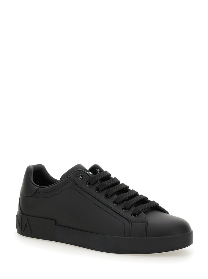 Portofino Black Low Top Sneakers with Logo Lettering Detail in Smooth Leather Man Polyester Lamb Sheep Rubber