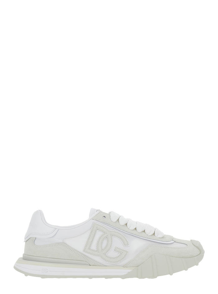 DG Athletic White Low Top Sneakers with Maxi Logo on the Side and Patch Tongue in Suede Mesh for Men Lamb Sheep