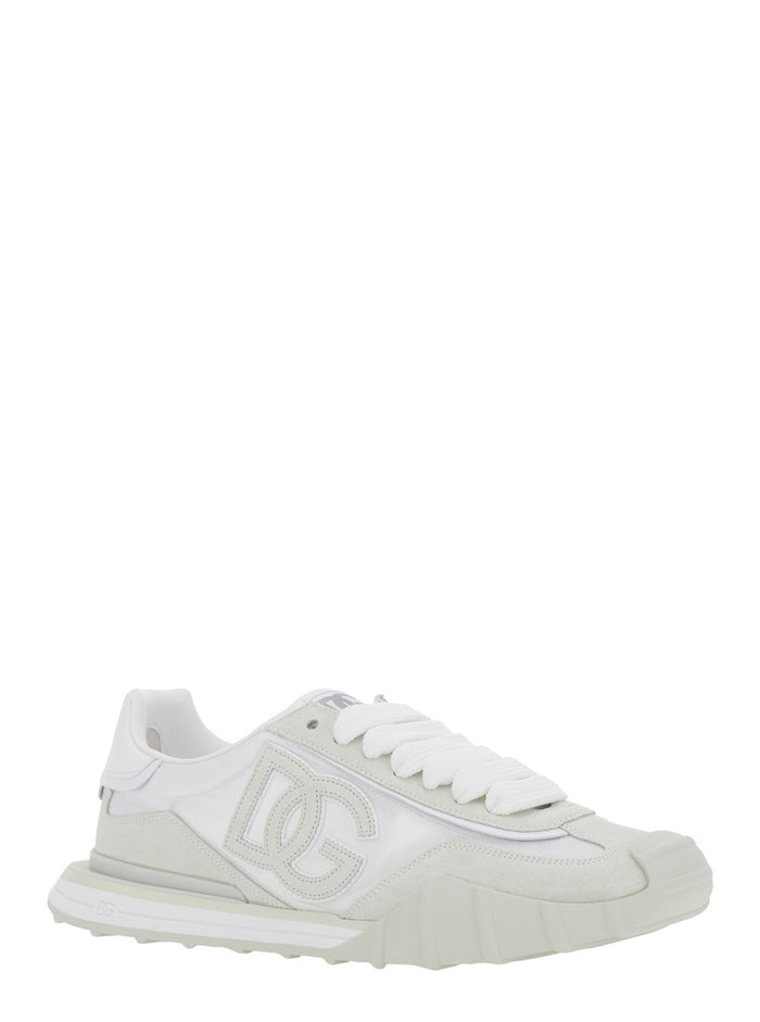 DG Athletic White Low Top Sneakers with Maxi Logo on the Side and Patch Tongue in Suede Mesh for Men Lamb Sheep