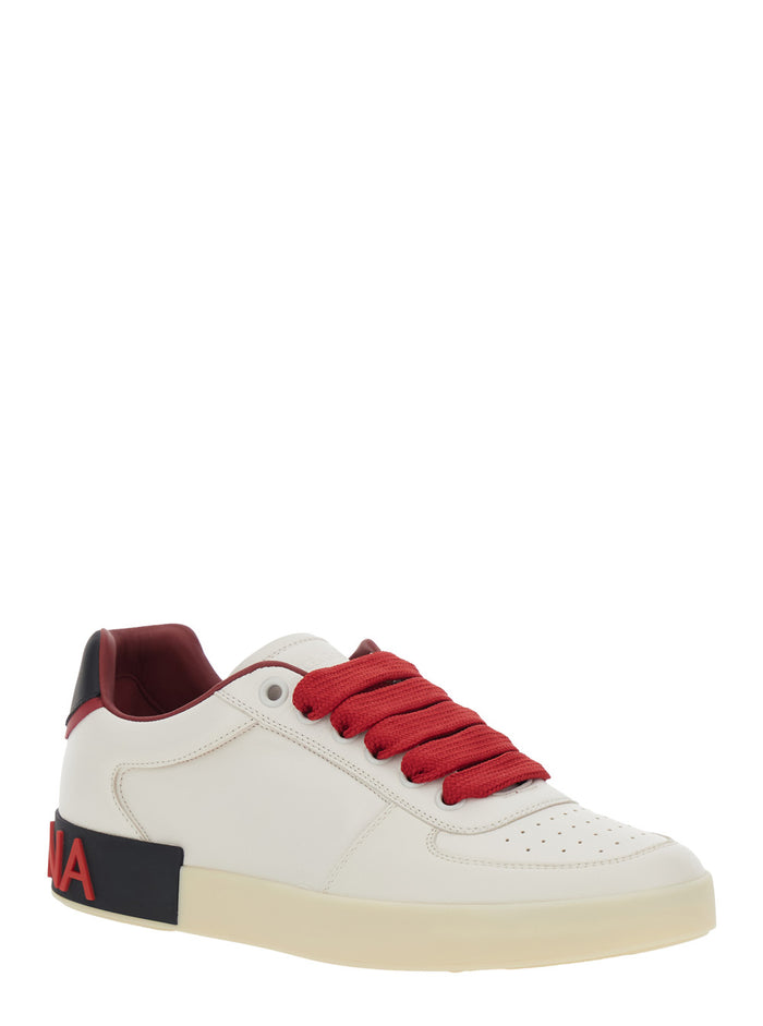 Portofino Custom White Low Top Sneakers with Contrasting Heel and Logo Lettering in Leather for Men Lamb Sheep