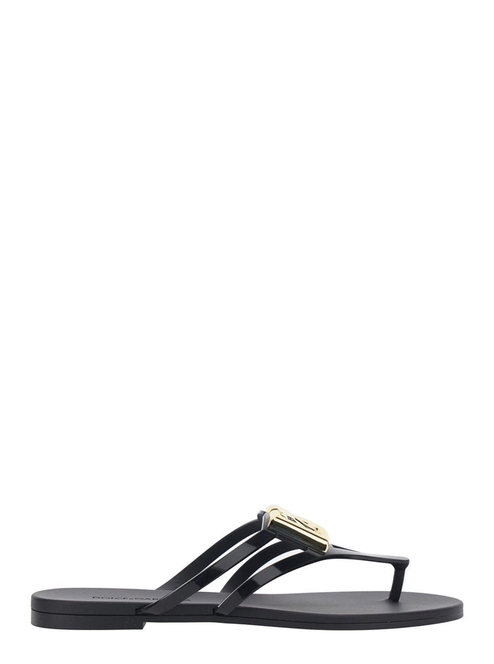 Black Thong Sandals with Logo Plaque on the Front in Rubber Woman Flat Shoes