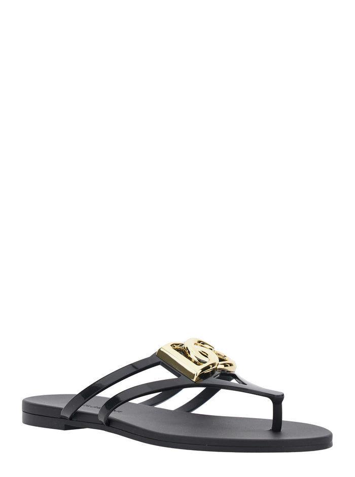 Black Thong Sandals with Logo Plaque on the Front in Rubber Woman Flat Shoes