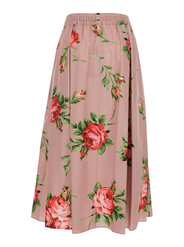 Pink Skirt With Elasticated Waist And All-Over Floral Print Cotton For Women