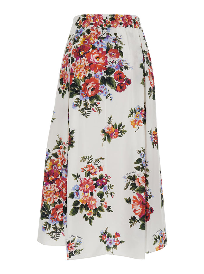 White Long Skirt With Floral Print And Elastic Waist Cotton For Women