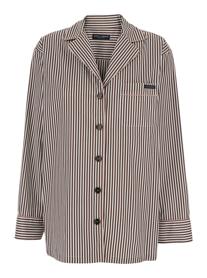 Brown Shirt with Notched Revers Collar and All-Over Stripes Motif in Cotton for Women Blouses