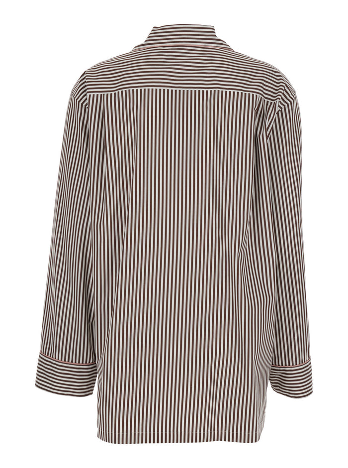 Brown Shirt with Notched Revers Collar and All-Over Stripes Motif in Cotton for Women Blouses