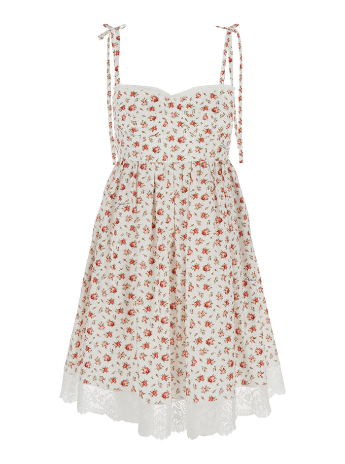 Multicolour Dress with Floral Print and Lace Detail in Cotton Women Multicolor