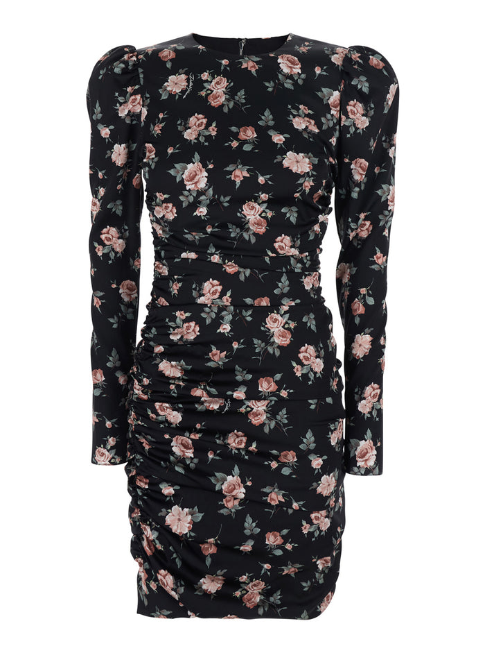 Black Dress with Floral Print and Side Draping in Silk for Women Elastane