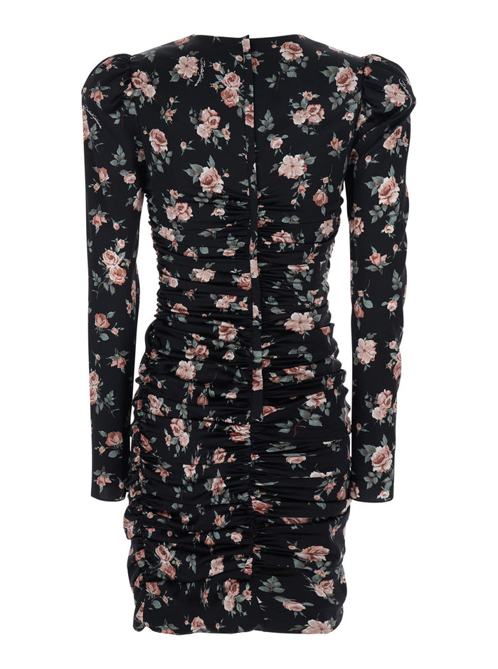 Black Dress with Floral Print and Side Draping in Silk for Women Elastane