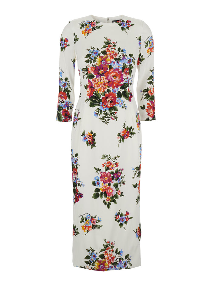 white midi Dress with all-over floral print in silk for women Elastane