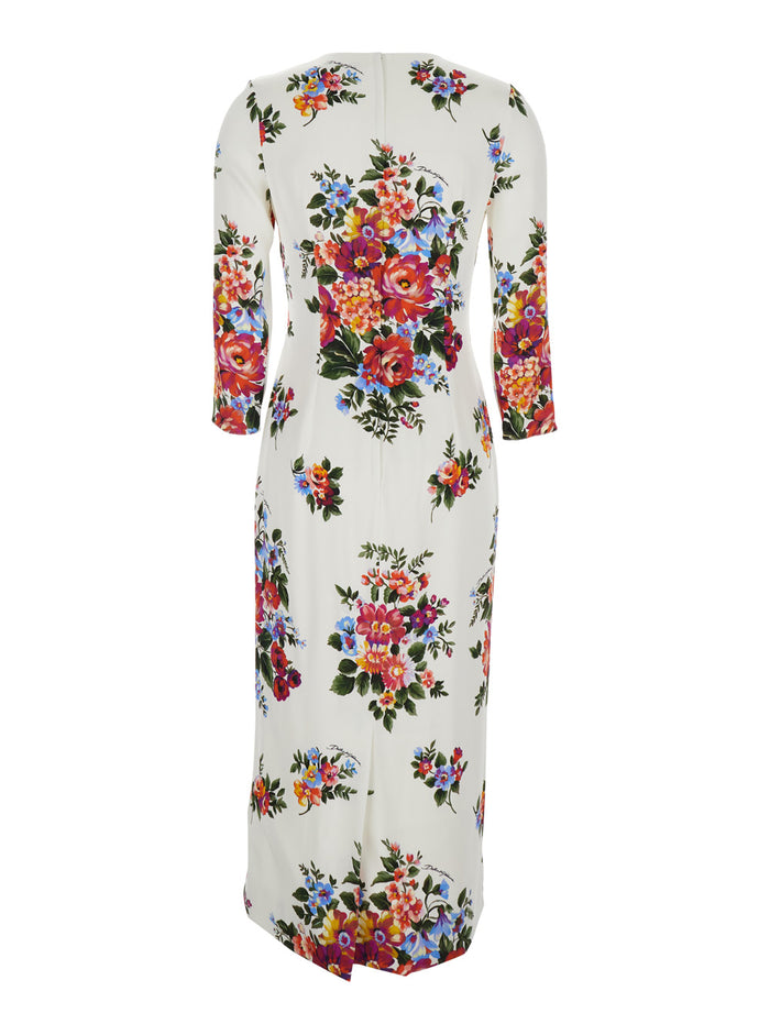 white midi Dress with all-over floral print in silk for women Elastane