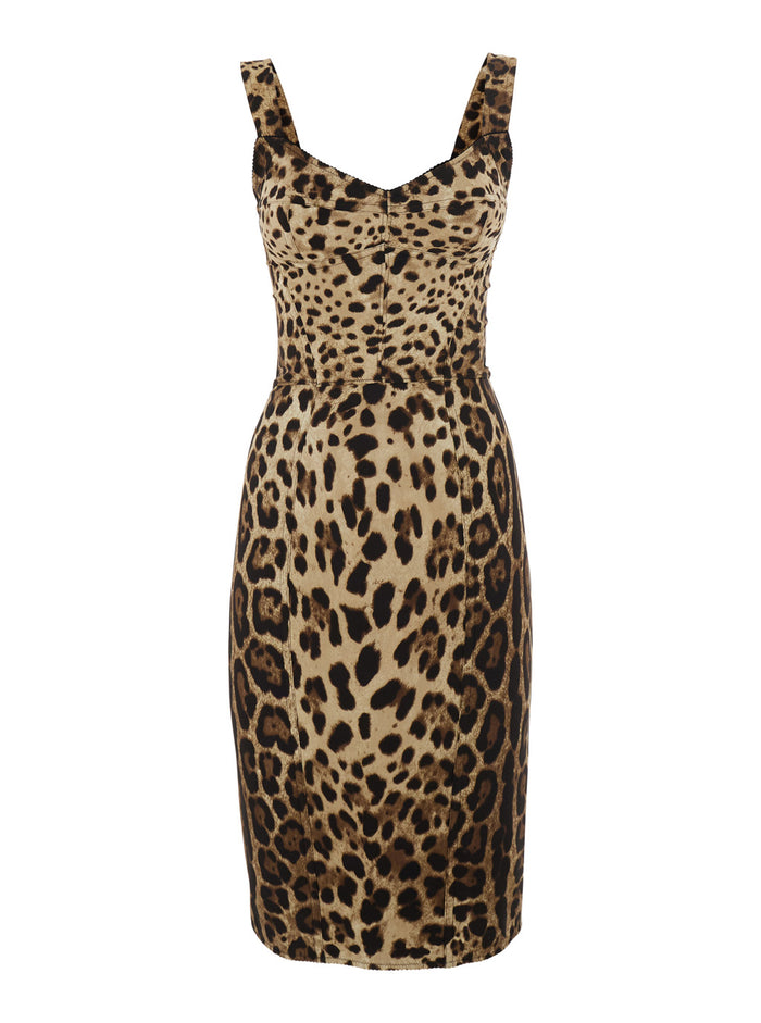 Brown Midi Dress With Heart Neckline And Leopard Motif On The Front Stretch Silk Blend For Women