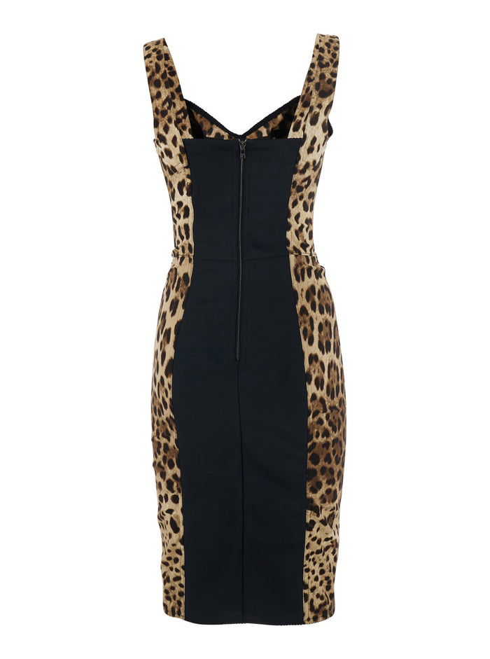 Brown Midi Dress With Heart Neckline And Leopard Motif On The Front Stretch Silk Blend For Women